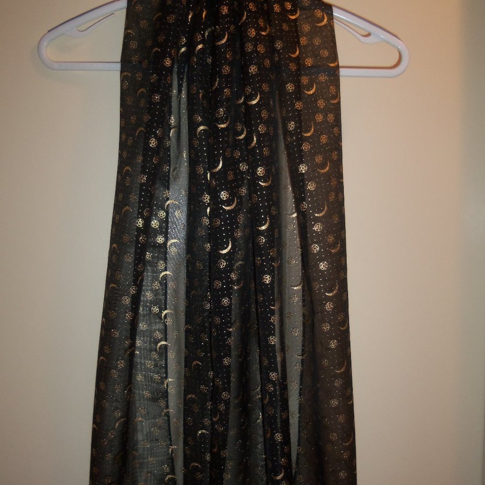 Pagan Wiccan Black Sheer Scarf Wrap with Gold Moons & Stars 59" x 21" Polyester